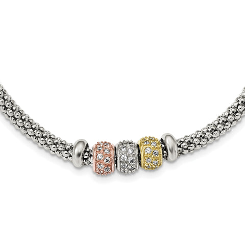 Sterling Silver Rose And Yellow Gold Tone CZ Beads Mesh Necklace QG3848 - shirin-diamonds