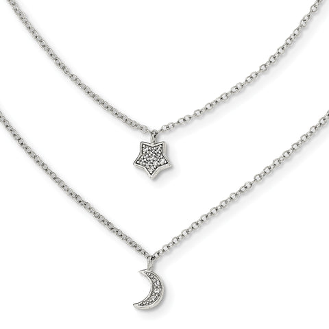 Sterling Silver Polished CZ Moon/Star Double Strand w/1in. ext. Necklace QG3947 - shirin-diamonds