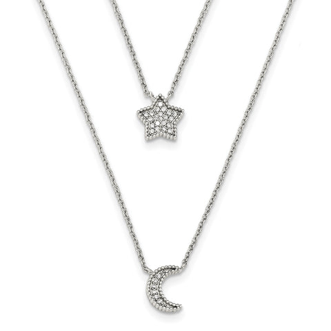 Sterling Silver Polished CZ Moon and Star Double Strand Necklace QG3948 - shirin-diamonds