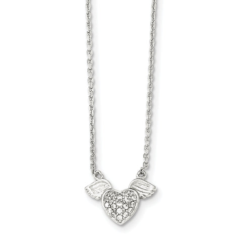 Sterling Silver Polished CZ Heart w/Wings Necklace QG4019 - shirin-diamonds