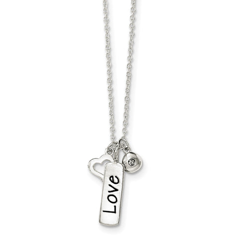 Sterling Silver Polished CZ Love Heart Charm w/ 1 inch ext Necklace QG4032 - shirin-diamonds