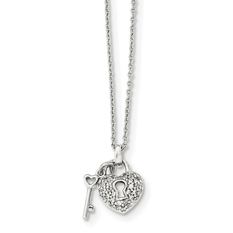 Sterling Silver Polished CZ Heart Lock & Key w/2in. ext. Necklace QG4033 - shirin-diamonds