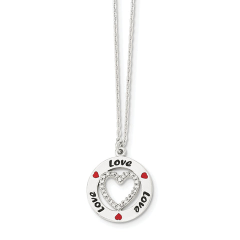 Sterling Silver Polished Enamel CZ Heart Love Necklace QG4039 - shirin-diamonds