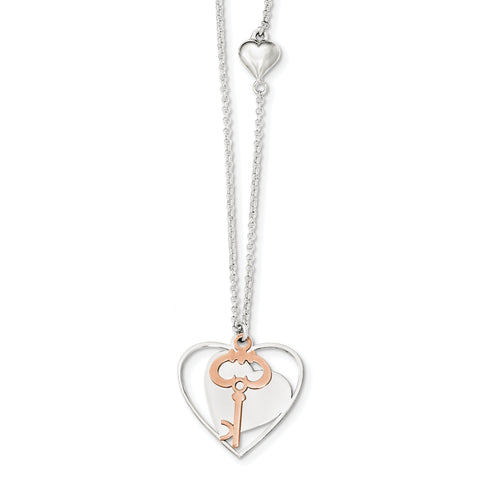 Sterling Silver & Rose-Tone Polished Moveable Heart & Key Necklace QG4041 - shirin-diamonds