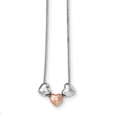 Sterling Silver Rhodium & Rose-tone Polished Hearts w/.75 ext Necklace QG4044 - shirin-diamonds