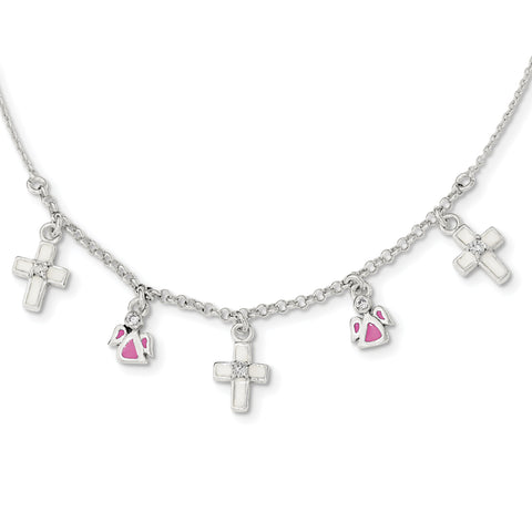 Sterling Silver Enamel CZ Cross and Angels Childs Necklace QG4092 - shirin-diamonds