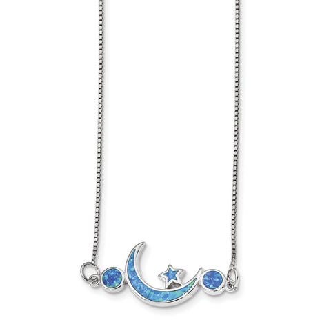 Sterling Silver Rhodium-plated Imitation Opal Moon & Star Necklace QG4328 - shirin-diamonds