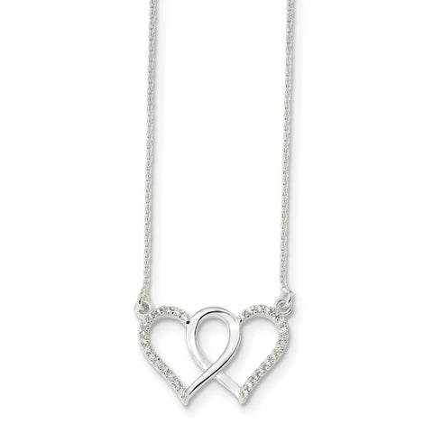 Sterling Silver Polished CZ Double Heart 18in Necklace QG4346 - shirin-diamonds