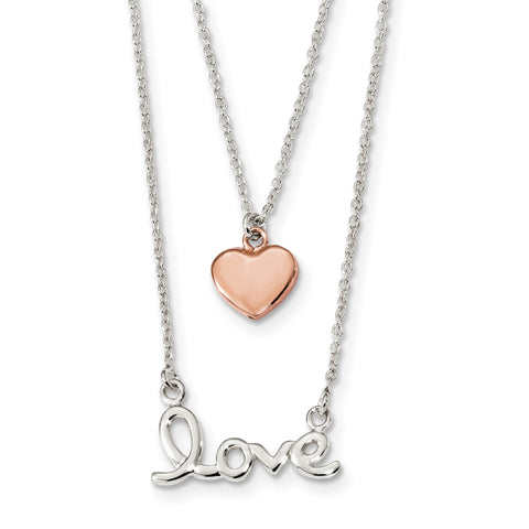 Sterling Silver Rose-tone Love & Heart 18in Necklace QG4375 - shirin-diamonds