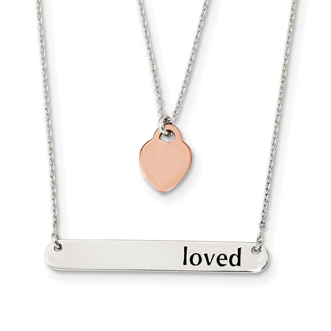 Sterling Silver Rose-tone Heart & Enameled Loved Bar 18in Necklace QG4376 - shirin-diamonds