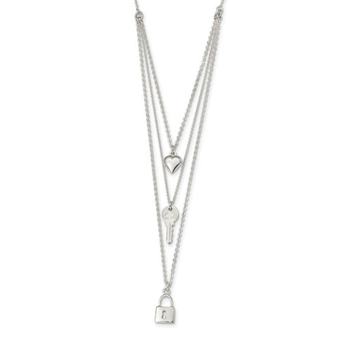 Sterling Silver Polished Lock, Heart & Key Multi-Strand 16in Necklace QG4384 - shirin-diamonds