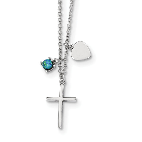 Sterling Silver Rhodium-plated Synthetic Blue Opal Cross Necklace QG4400 - shirin-diamonds