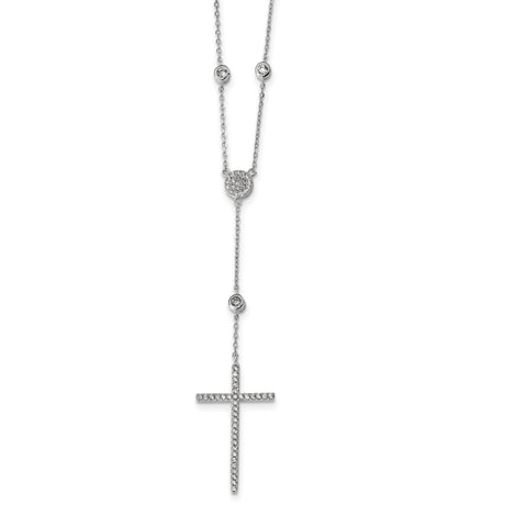 Sterling Silver Rhodium-plated CZ Cross Drop Necklace QG4402 - shirin-diamonds