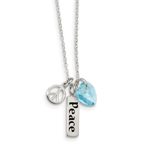 Sterling Silver Enameled Peace Blue Swarovski Heart Charm Necklace QG4619 - shirin-diamonds