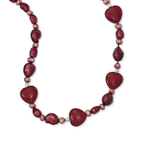 Sterling Silver Red Jade Hearts/FW Cultured Pearl Necklace QH4558 - shirin-diamonds
