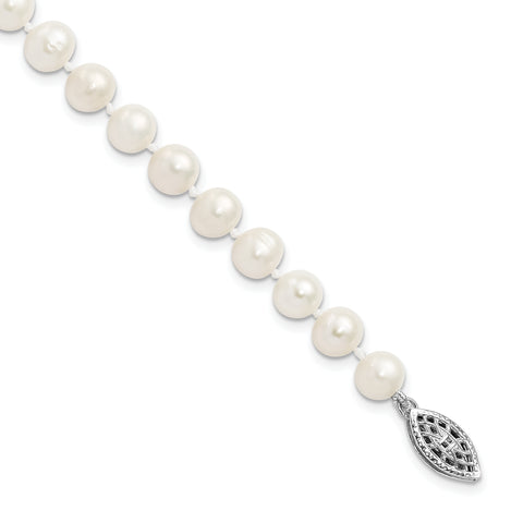 925 Sterling Silver Rhodium-Plated 6-7mm White Freshwater Cultured Pearl Bracelet