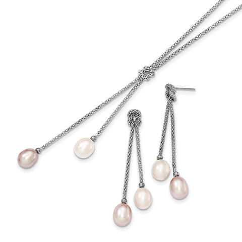 Sterling Silver Rhodium FWC Pearl Knot 18 in. Necklace & Earring Set QH4739SET - shirin-diamonds