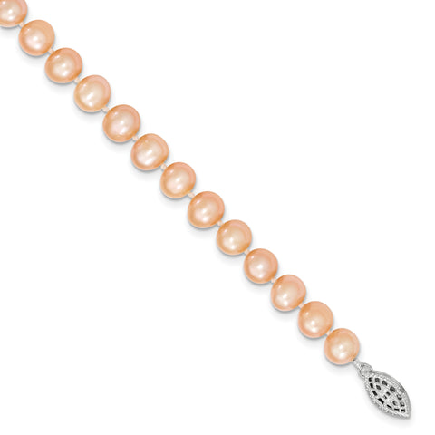 Sterling Silver Rhod-plated 7-8mm Pink Egg Shape FWC Pearl Necklace QH5167 - shirin-diamonds