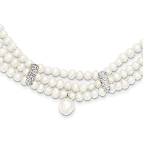 Sterling Silver & FW Cultured Pearl 3 Row w/Bead Spacer Necklace QH5205 - shirin-diamonds
