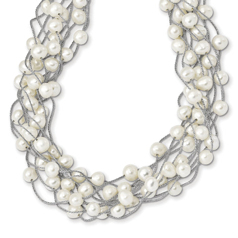 Sterling Silver RH 6-8mm White FWC Pearl Multi-strand Necklace QH5410 - shirin-diamonds