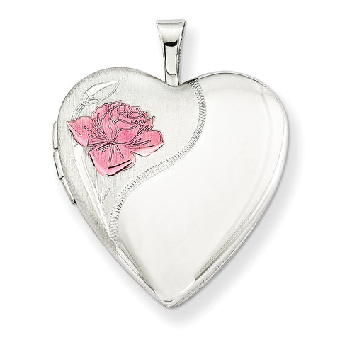Sterling Silver Rhodium-plated 20mm with Enameled Rose Heart Locket QLS240 - shirin-diamonds