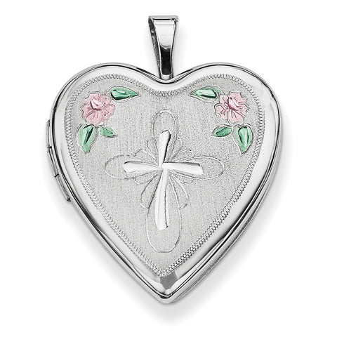 Sterling Silver Rhodium-plated 20mm Enameled Flower and Cross Heart Locket QLS313 - shirin-diamonds