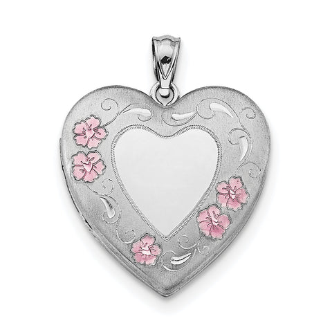 Sterling Silver Rhodium-plated 24mm Enameled Floral Border Heart Locket QLS327 - shirin-diamonds