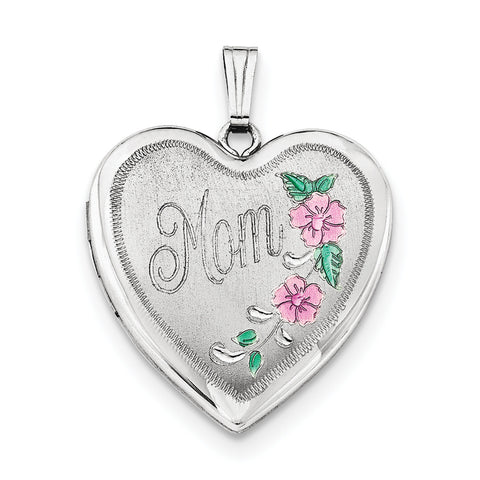 Sterling Silver Rhodium-plated 24mm Enameled Floral Mom Heart Locket QLS328 - shirin-diamonds