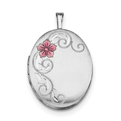Sterling Silver Rhodium-plated 26mm Enameled Flower and Scroll Oval Locket QLS331 - shirin-diamonds
