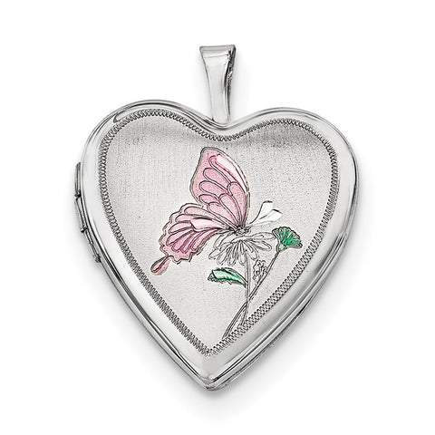 Sterling Silver Rhodium-plated 20mm Enameled Butterfly Heart Locket QLS336 - shirin-diamonds