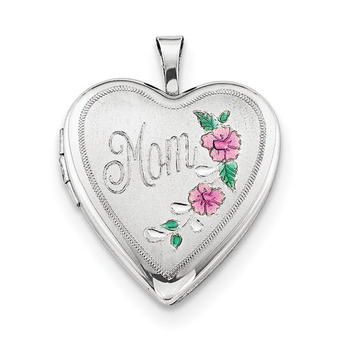 Sterling Silver Rhodium-plated 20mm Enameled Floral Mom Heart Locket QLS347 - shirin-diamonds