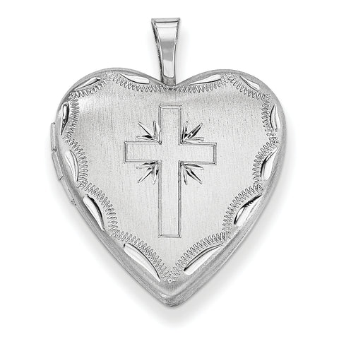 Sterling Silver Rhodium-plated 20mm Satin & D/C Cross Heart Locket QLS386 - shirin-diamonds