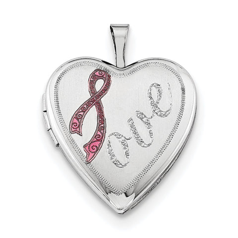 Sterling Silver Rhodium-plated 20mm Satin Pink Ribbon Love Heart Locket QLS392 - shirin-diamonds