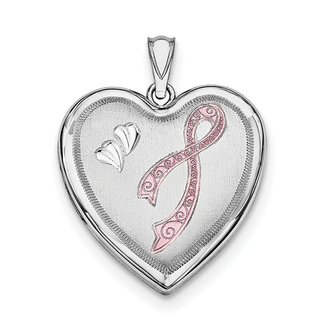 Sterling Silver Rhodium-plated 24mm Enameled, D/C Pink Ribbon Heart Locket QLS393 - shirin-diamonds