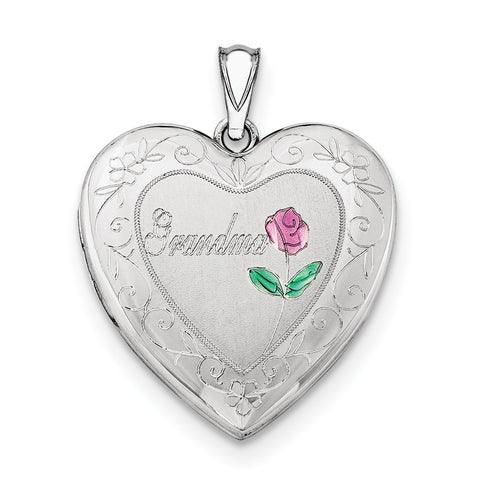 Sterling Silver Rhodium-plated 24mm Enameled & D/C Grandma Heart Locket QLS410 - shirin-diamonds