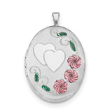 Sterling Silver Rhodium-plated 26mm Enameled, D/C Floral & Heart Oval Lock QLS417 - shirin-diamonds