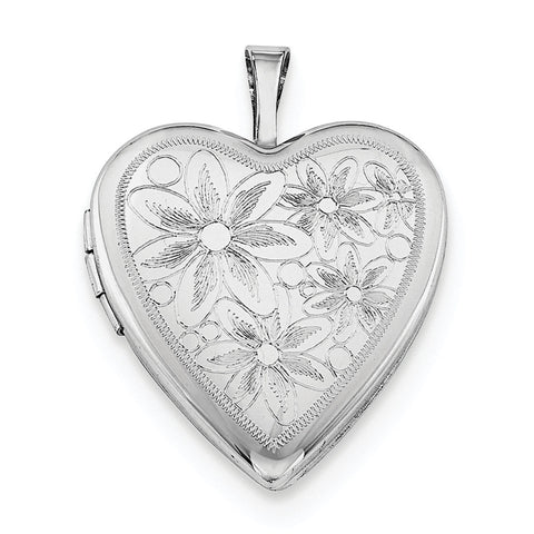 Sterling Silver Rhodium-plated 20mm Textured Daisies Heart Locket QLS435 - shirin-diamonds