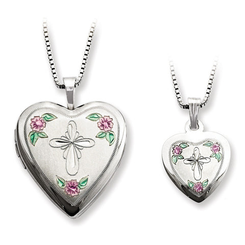 Sterling Silver Rhodium-plated Cross & Flowers Enamel Heart Locket & Pendan - shirin-diamonds
