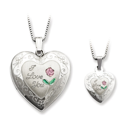 Sterling Silver Rhodium-plated Rose I Love You Heart Locket & Pendant Neckl - shirin-diamonds