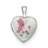 Sterling Silver Rhodium-plated Enamel Butterfly Flowers 12mm Heart Locket QLS505 - shirin-diamonds