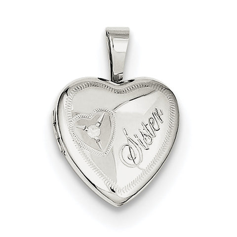 Sterling Silver Rhodium-plated & Diamond Sister Heart 12mm Heart Locket QLS524 - shirin-diamonds