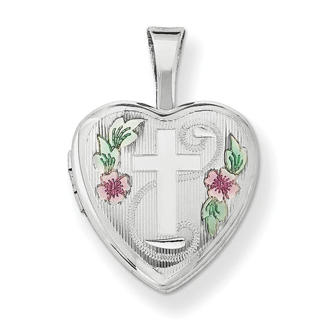 Sterling Silver Rhodium-plated Cross w/ Enamel Flowers 12mm Heart Locket QLS570 - shirin-diamonds