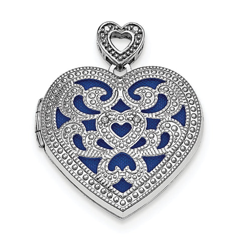 Sterling Silver Rhodium-plated 24mm Heart w/Diamond Vintage Locket QLS610 - shirin-diamonds