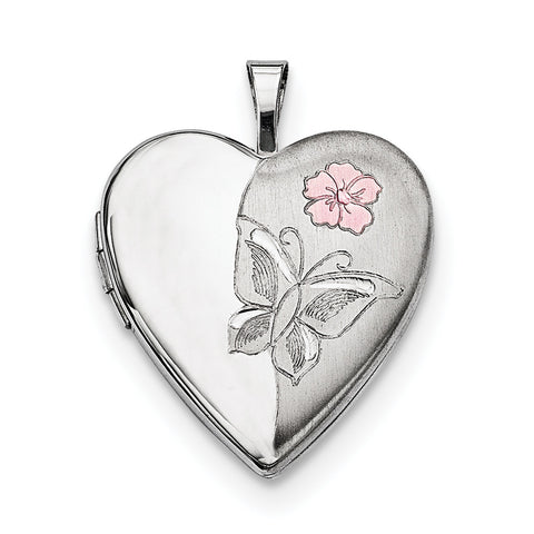 Sterling Silver Rhodium-plated Enameled Flower Butterfly Heart Locket QLS631 - shirin-diamonds