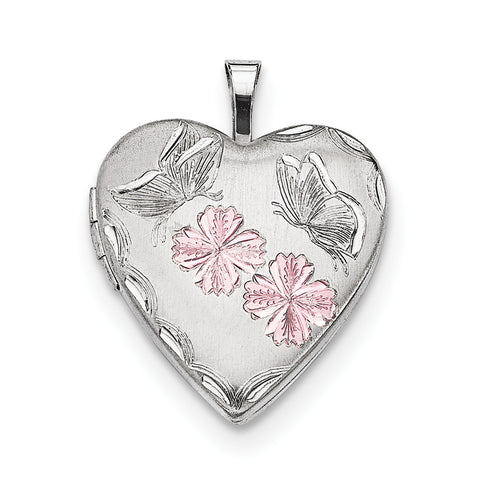 Sterling Silver Rhodium-plated Enameled Flowers Butterfly Heart Locket QLS641 - shirin-diamonds