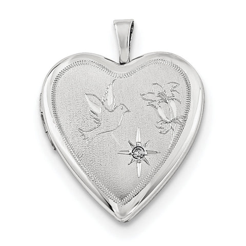 Sterling Silver Rhodium-plated Diamond D/C Dove & Flower Heart Locket QLS668 - shirin-diamonds