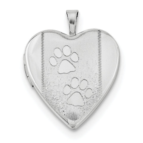 Sterling Silver Rhodium-plated Textured & Polished Paw Prints Heart Locket - shirin-diamonds