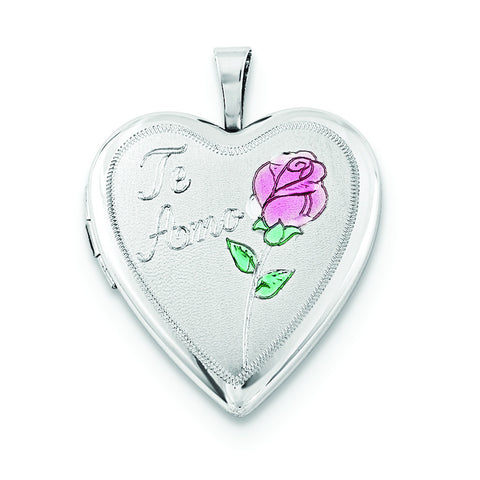 Sterling Silver 20mm Enameled Rose Te Amo Heart Locket - shirin-diamonds