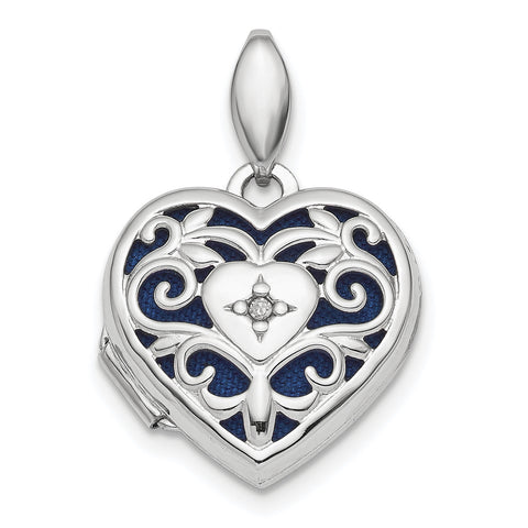 Sterling Silver Rhodium-plated Polished Filigree Diamond Heart Locket QLS767 - shirin-diamonds