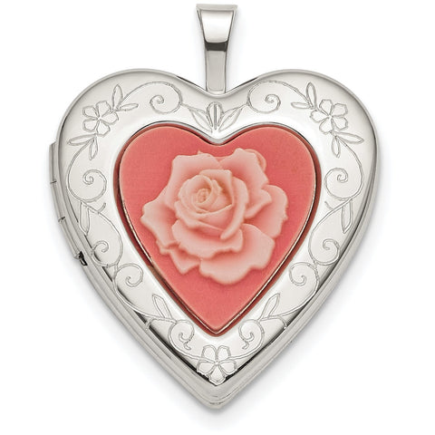 Sterling Silver 20mm Pink Resin Rose Cameo Heart Locket QLS781 - shirin-diamonds